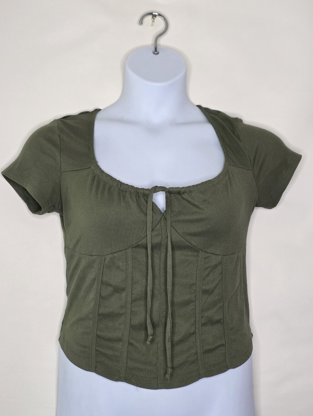 Milkmaid Corset Style Top Size L Cropped Green Short Sleeve Y2K Shirt Stretch